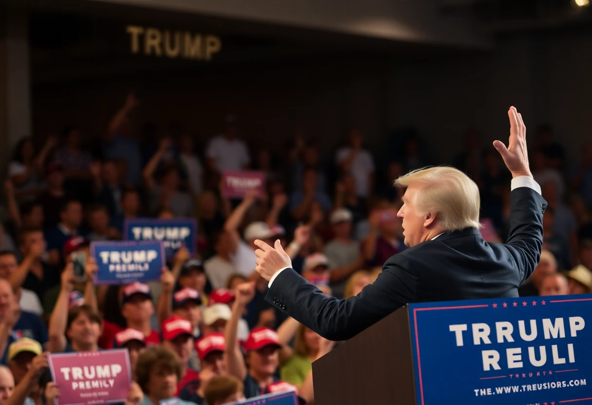 Donald Trump speaking at a rally, energetic crowd in background