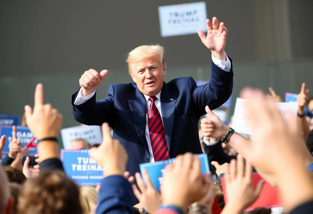 Trump with supporters, giving thumbs up